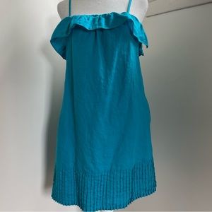 Gianni Bini Blue Linen Spaghetti Strap Ruffle Neckline Pleated Trim Mini…